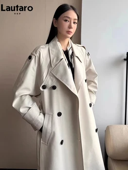 Lautaro Spring Autumn Oversized Khaki Long Grey Trench Coat for Women Double Breasted Loose Casual Korean Fashion Overcoat 2024 5 Lautaro Spring Autumn Oversized Khaki Long Grey Trench Coat for Women Double Breasted Loose Casual Korean Fashion Overcoat 2024 5