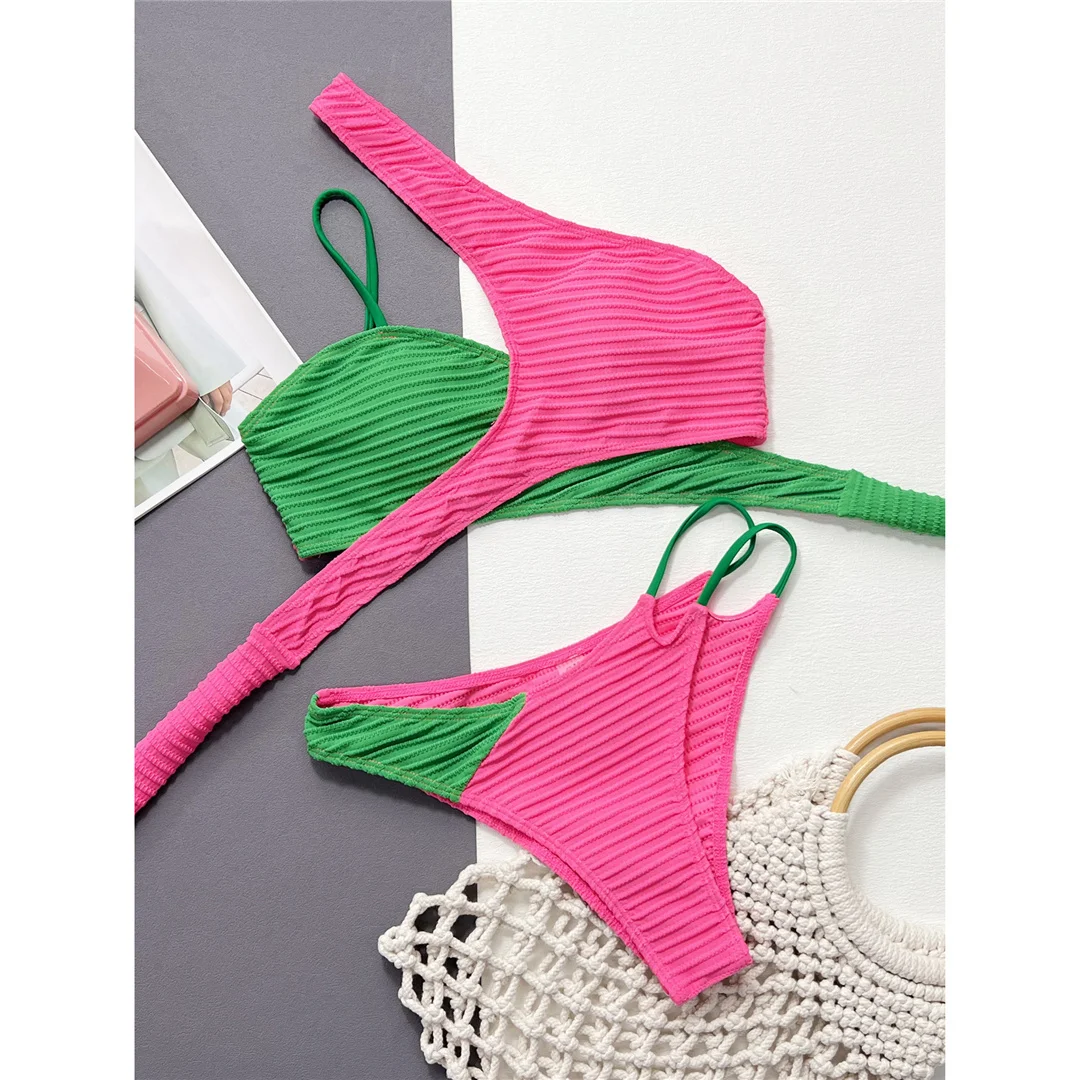 Sexy, asymmetrisches Bikini-Set mit einem Schulterträger, mittelhoher Taille, zweiteiliger Badeanzug für Damen, Badebekleidung, Badeanzug, Badebekleidung, Modell V4618. – Detail 10