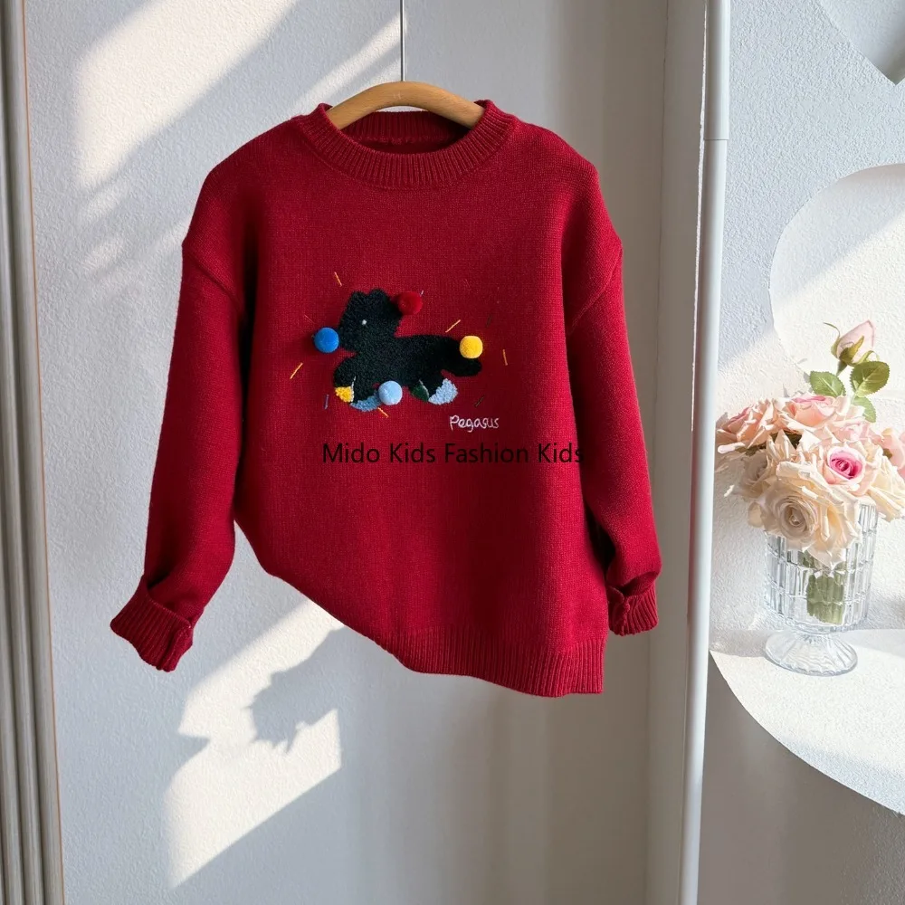 Christmas Red Knit Sweater for Girls Warm Thickened Winter Pullover Fashion Pony Design New Year Outfit 120-170cm