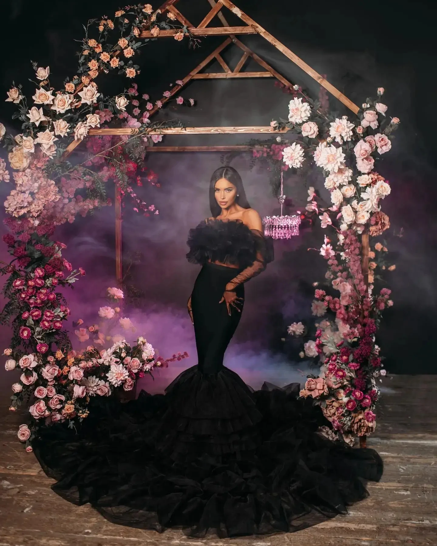 2 peças preto vestidos de maternidade com luvas longo sereia organza trem vestido de maternidade fora do ombro vestidos grávidas em camadas