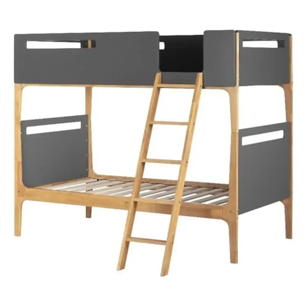 

Modern Twin Bunk Bed with Angled Ladder ASTM Certified Scandinavian Design Easy Assembly 1-Year Guarantee Natural & Gray Wood