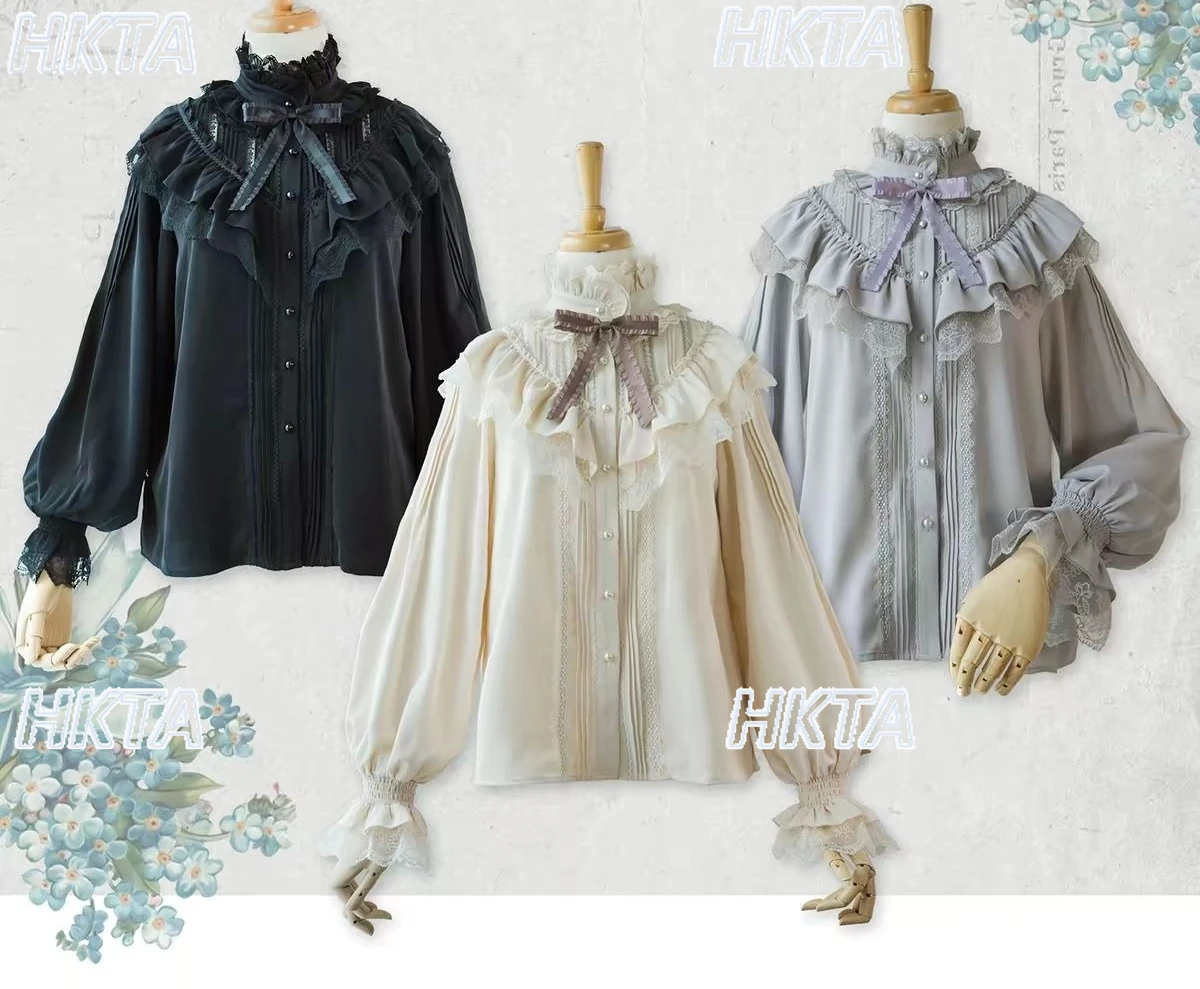 

Японская ретро-блузка в стиле субкультуры с рюшами, воротником-стойкой, бантом из лент, кружевом и длинными рукавами-фонариками, черная, для женщин