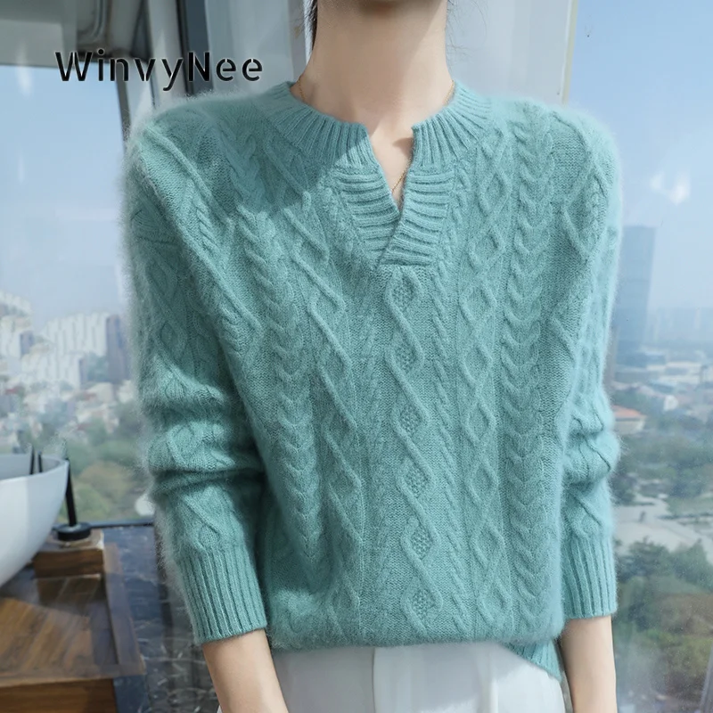 WinvyNee Women Pullover Mink Velvet Twisted Knit Notched Neck Brushed Fabric Soft Touch Urban Vibe Cool Daily Wardrobe ZA1248047