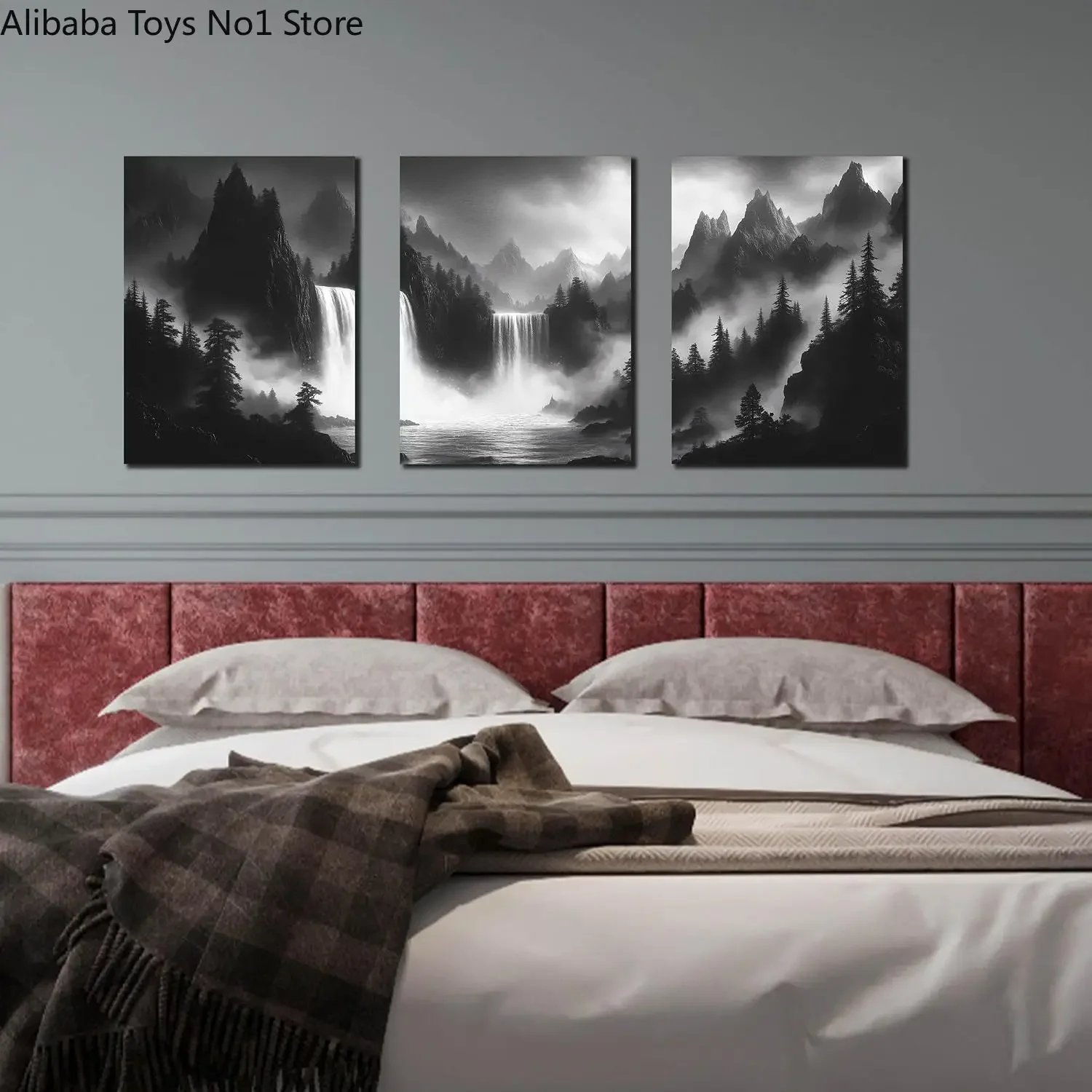 3Pcs Frameless Black White Mountain Waterfall Canvas Wall Art Misty Forest Prints for Bedroom Decor