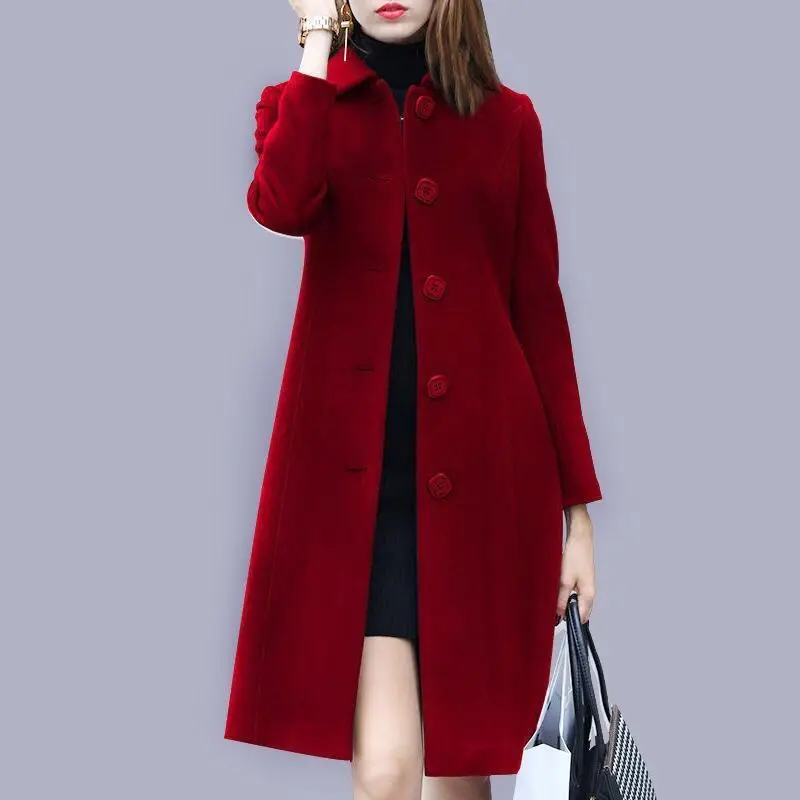 2023 New Fashion British Solid Button Woolen Coat Women Long Sleeve Coats Woman Elegant Pocket Slim Outwear Mujer