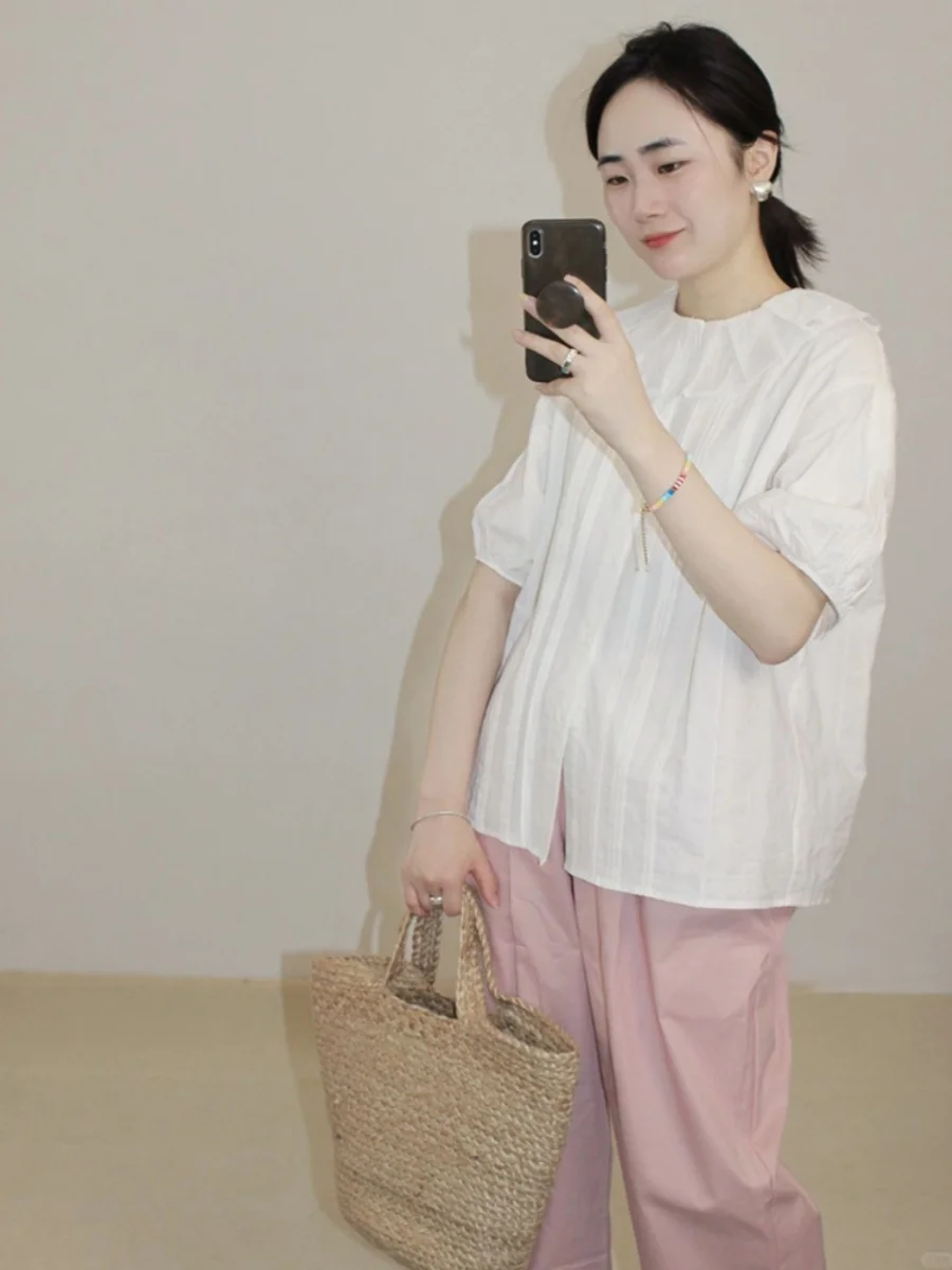 

Повседневная свободная женская летняя рубашка с коротким рукавом-фонариком, тонкая, с воротником, стройнящая, универсальная, легкая