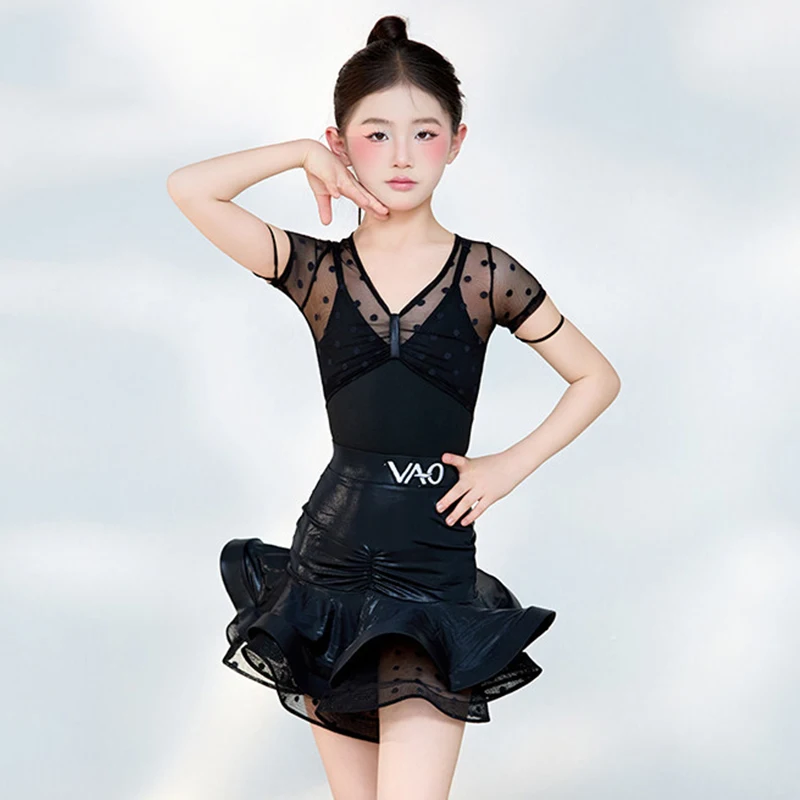 

2026 Latin Dance Stage Clothes For Girl Polka Dot Short Sleeve Dance Suit Cha Cha Dancing Training Set Kid Latin Outfit AMY3543
