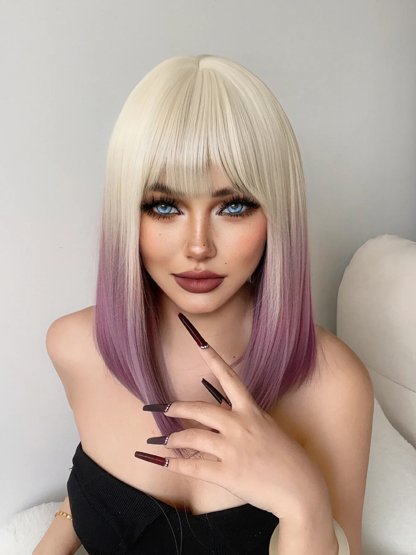 18Inch Blonde Gradient Purple Synthetic Wigs With Bang Medium Natural Straight Hair For Women Daily Use Cosplay Heat Resistant