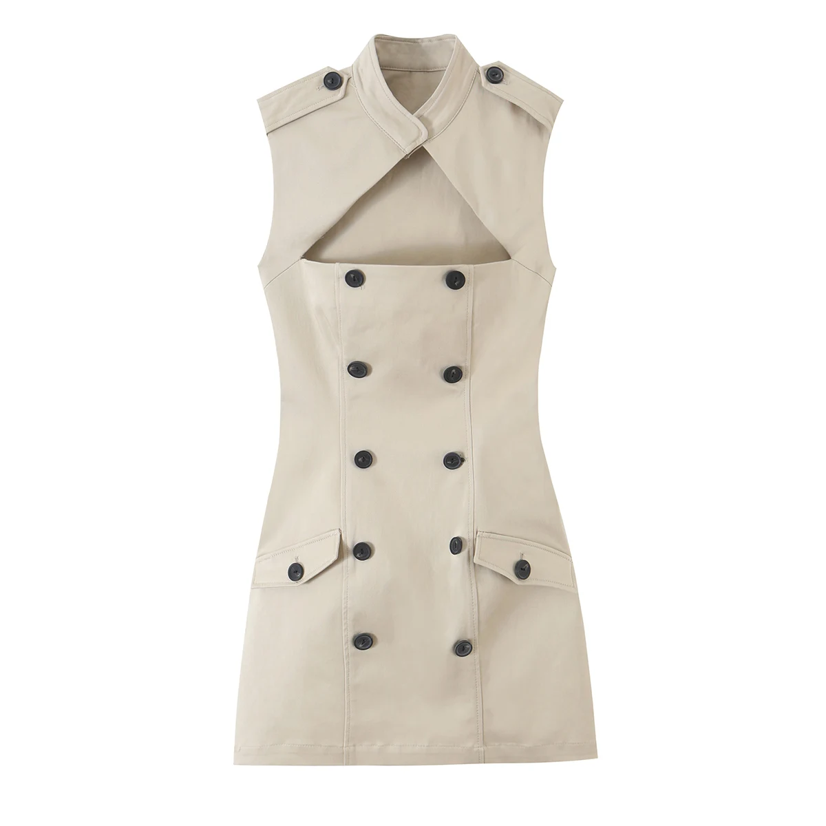 KONDALA Damen Elegantes Schickes Minikleid mit Hohlnacken, Lässige Knöpfe, Taschen, Schlankes Kleid, Trendiges Ärmelloses Kleid für den Herbst 2026 – Detail 3