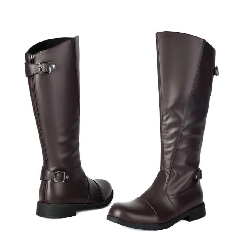 Casual Men's Knee High Boots Round Toe Thick Heels 3cm Zipper Belt Buckles  Fashion Riding Motorcycle Boots Big Size 38-48