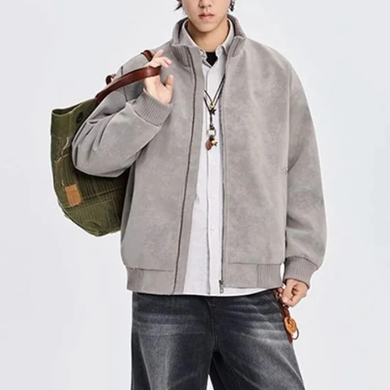 men stand collar zip up bomber jacket vintage textured loose casual outerwear coat