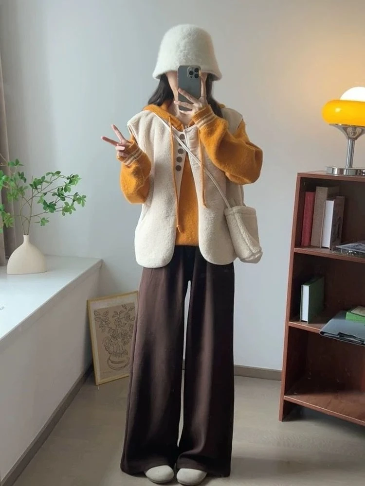 

Autumn Winter Corduroy Lamb Fur Vest Casual Loose Cape Short Crew Neck Top for Women​