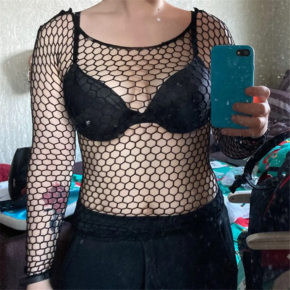 Fashion Nightwear Long Sleeve Tops Sexy Lingerie Night Dress Bodystocking Hollow Out Fishnet