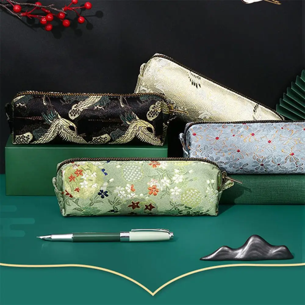 Creative Retro Large Capacity Pen Bag Chinese Embroidery Pencil Case Silk Brocade Pen Box Storage Bag Stationery Organizer