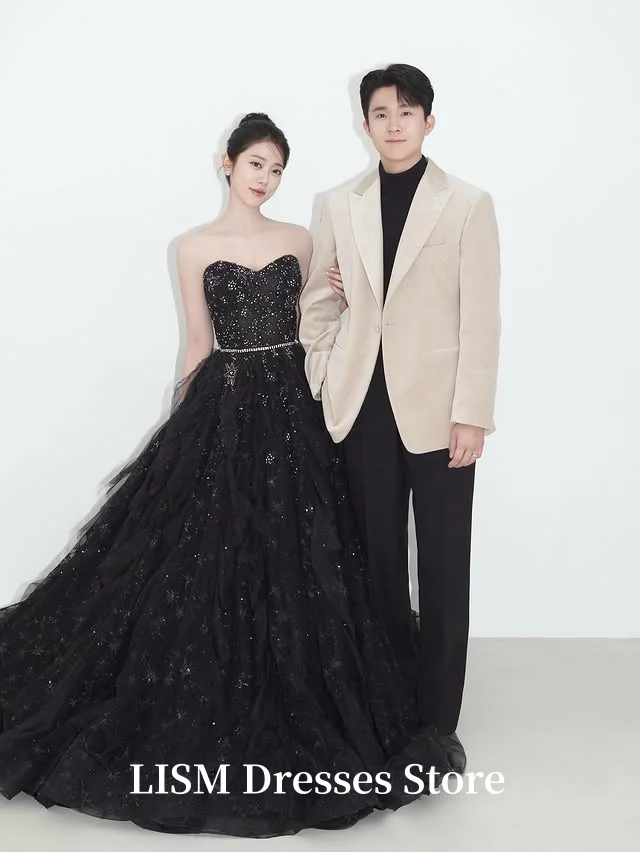 LISM Black Beads Tulle Wedding Party Dresses Korea Photo Shoot Prom Gowns Corset Back Evening Dresses Customized 결혼식 드레스