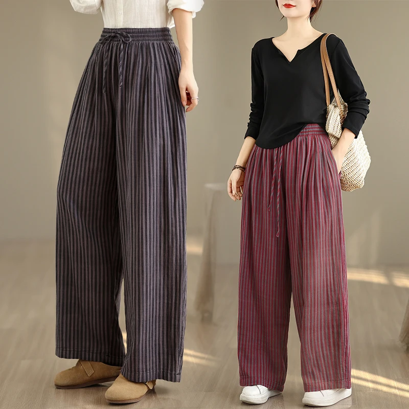 Retro High Waist Striped Wide Leg Pants Loose Fit Dstring Elastic Waist Long Trousers Autumn Winter Collection Casual Pants