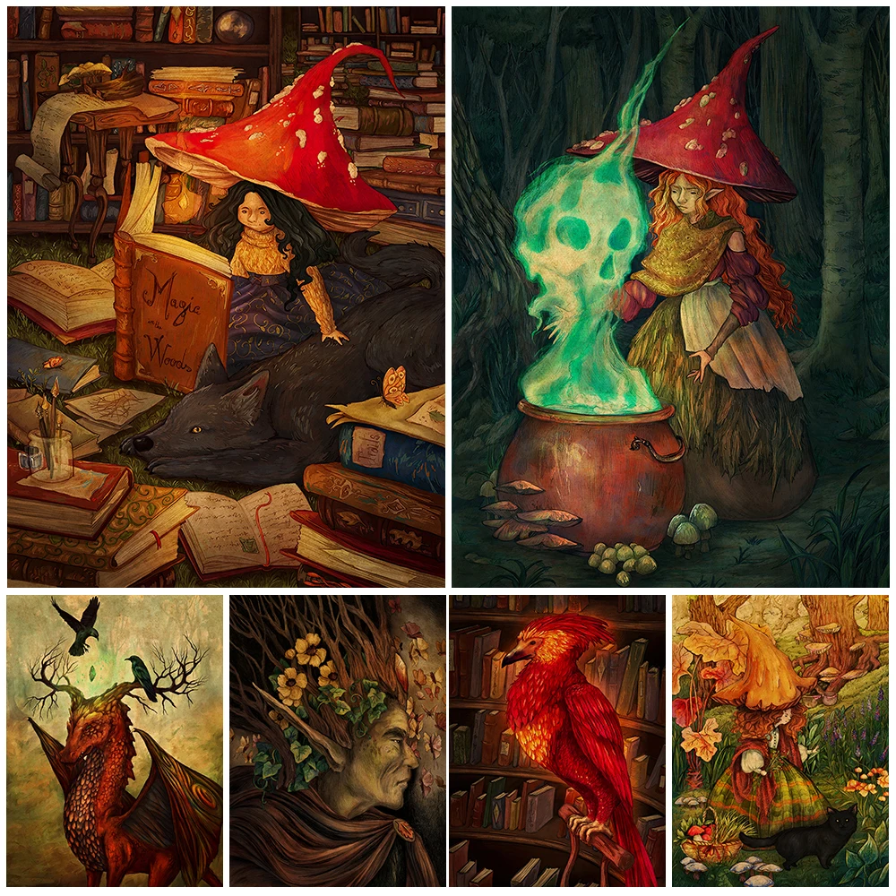 Forest Spirit And Flying Witch Vintage Wall Art Canvas Painting  Potion Ingredients Of The Mushroom Witch Poster And Print Decor