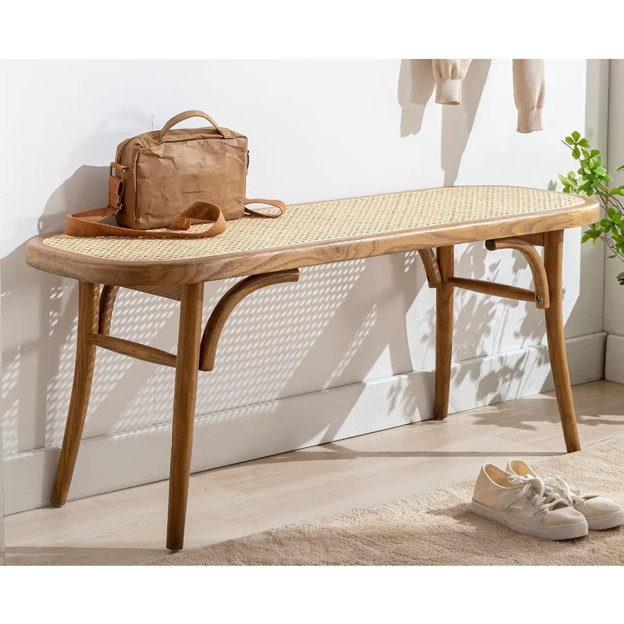 Upholstered Bench Wicker Rattan Entryway Bench Rustic Solid Wood 45 Inch for Living Room Bedroom Hallway