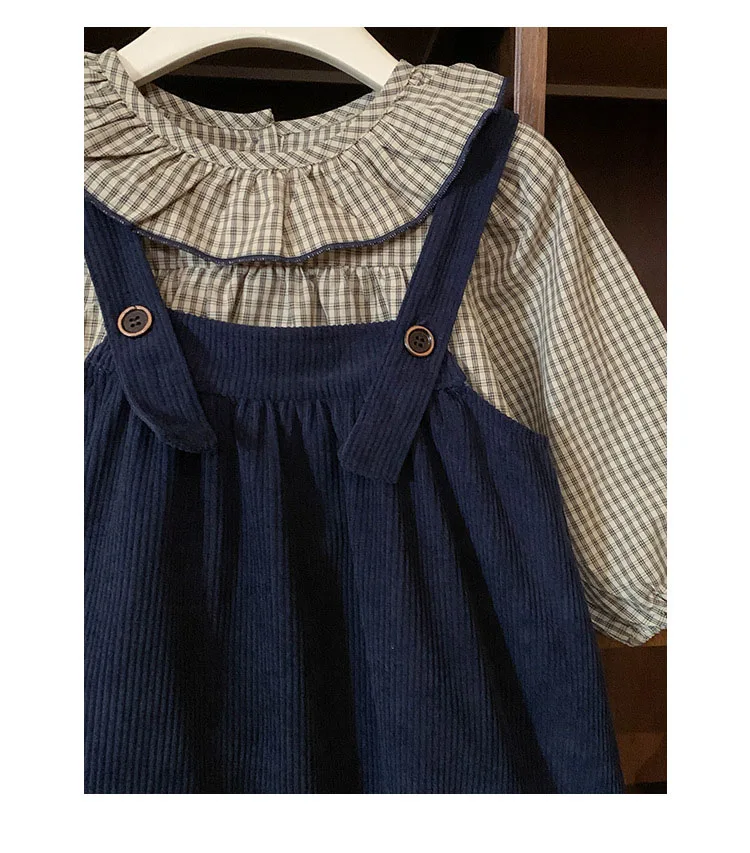 Dark Blue Corduroy Little Girls Jumper Dress Autumn Spring Suspender Toddler Corduroy Dresses With Plaid Blouse 2 To 8 Years