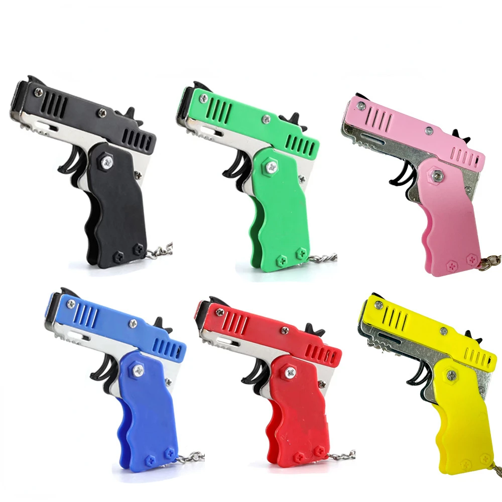 

Gun Pendant Keychain Metal Mini Burst Folding Rubber Band Gun Alloy Model Outdoor Sports Toy Pistol Mini Gadgets for Boys Kids