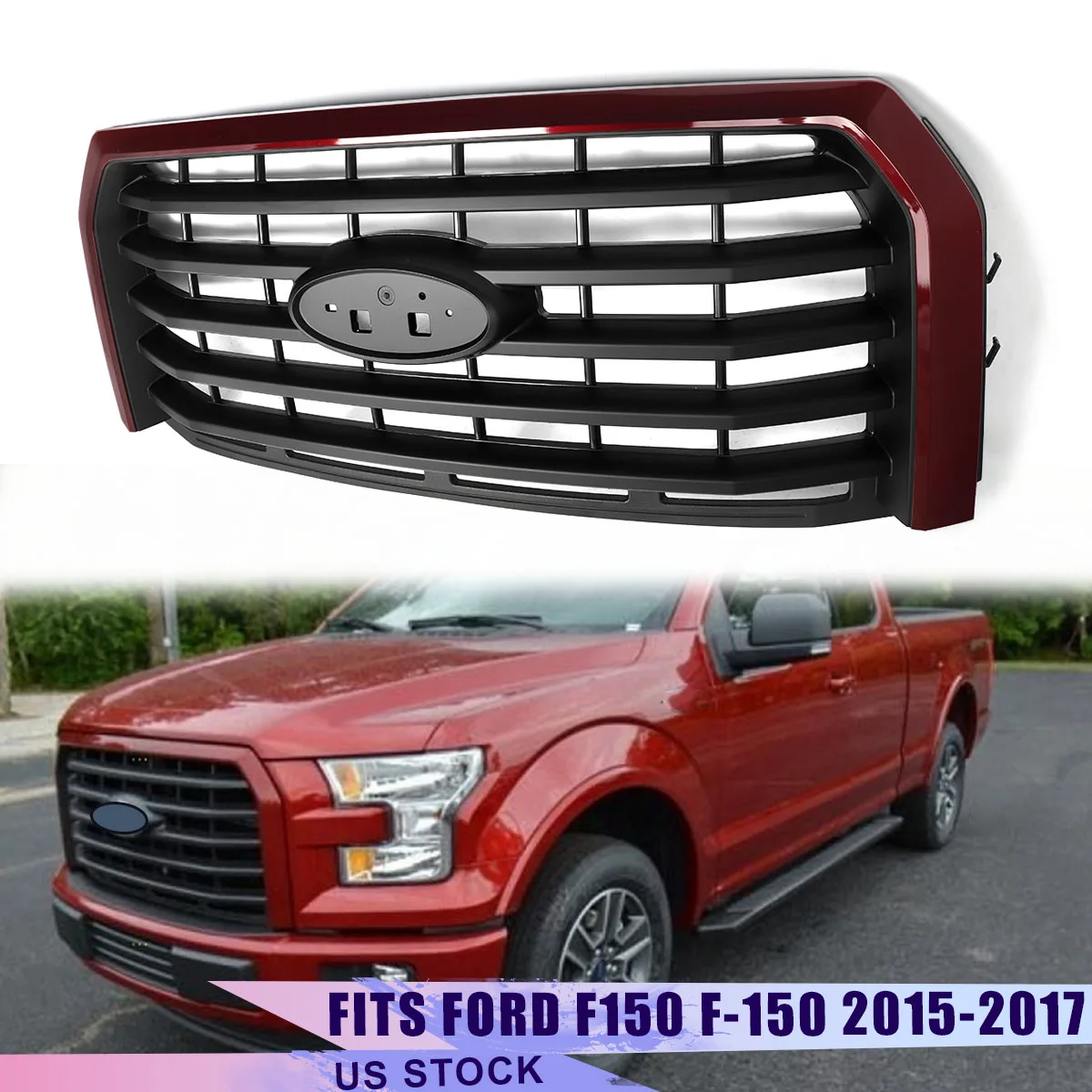 Front Radiator Grille Assembly Replace For 2015 2016 2017 Ford F150 F-150 Grilles Front Bumper Upper Grille Ruby Red Metallic RR