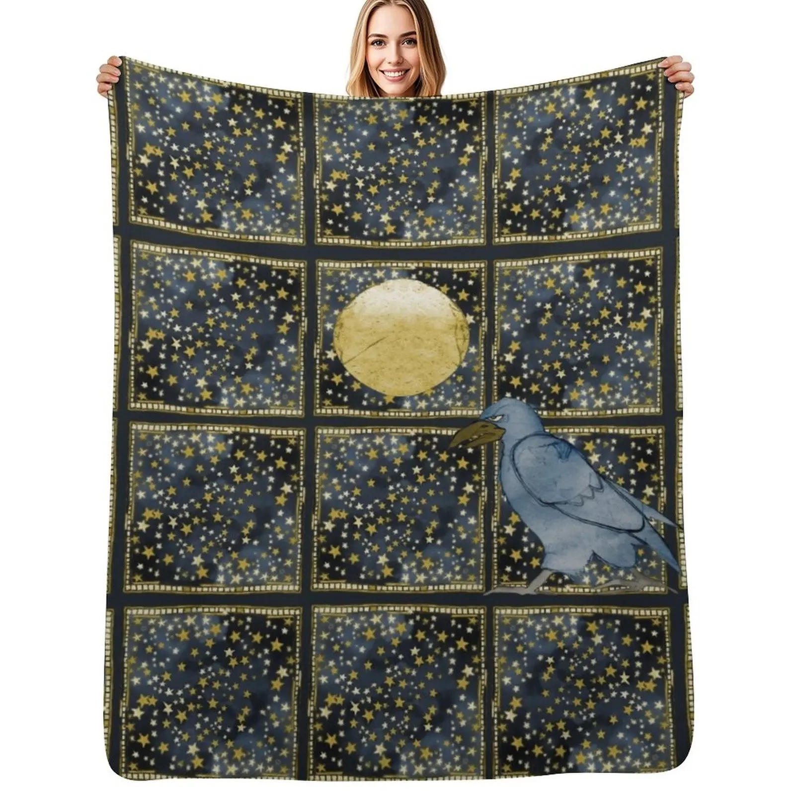 

Raven Moon in an Indigo sky Throw Blanket Soft Plush Plaid Furrys for winter Picnic Blankets