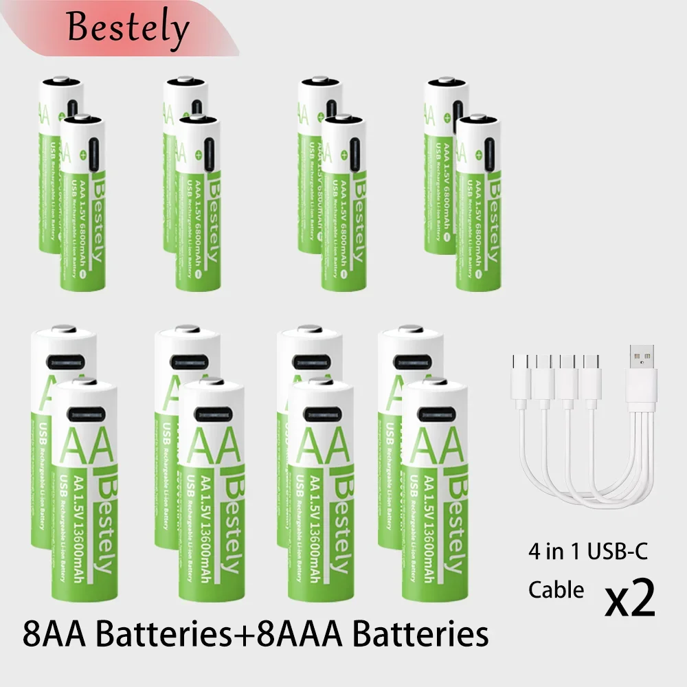 Nieuwe 1,5 V AA 13600 mAh + AAA 6800 mAh oplaadbare lithiumbatterijen Snel opladen Li-ionbatterij 2000 cycli met gratis USB-C-kabels