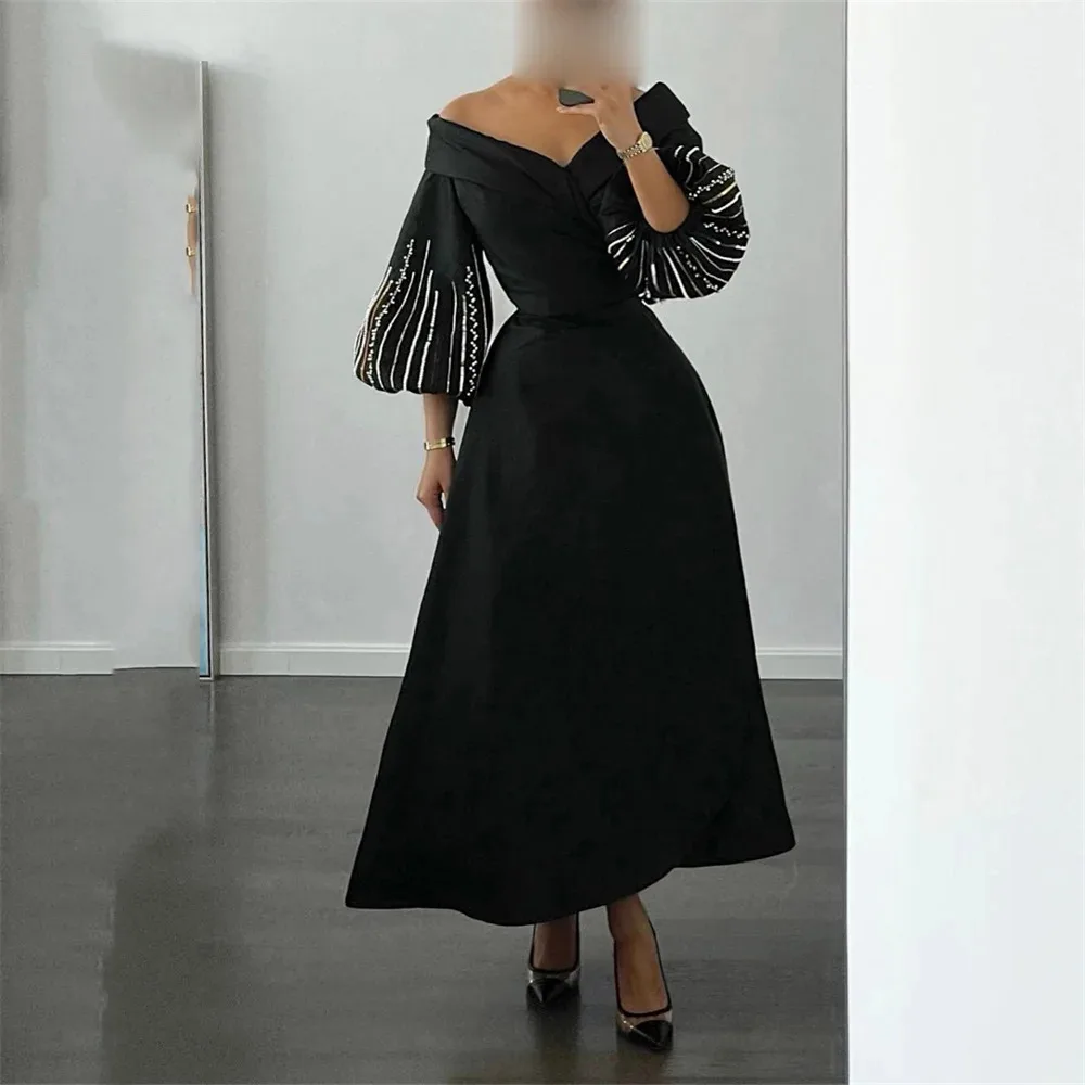 

Luxury Black V Neck Long Puff Sleeve Crystal Beading A Line Evening Dress Tea Length Formal Classy Prom Gown New 2024