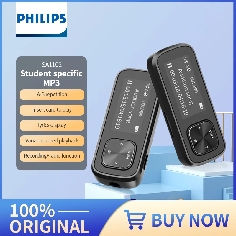 PHILIPS 오리지널 스포츠 미니 디지털 음악 MP3 플레이어, FM 음성 녹음기, 128GB 마이크로 SD TF 카드