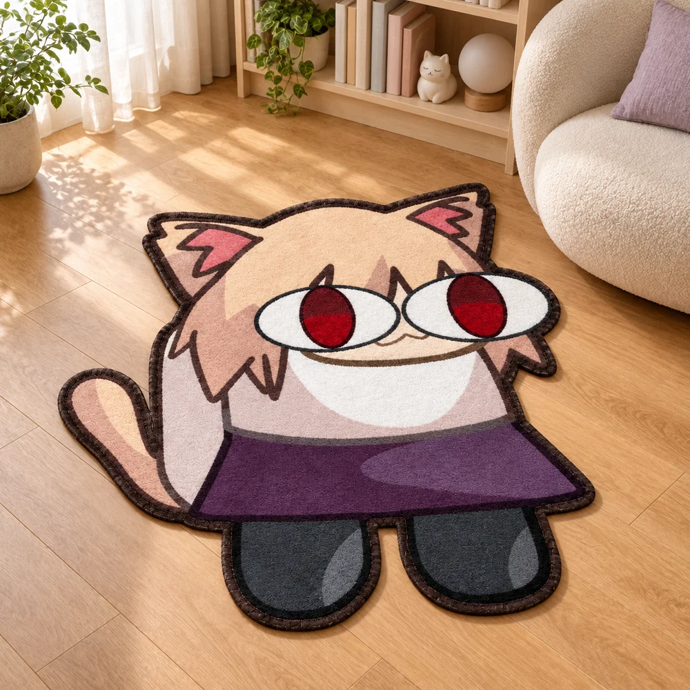 Cute Red Eyed Cat Shaped Area Rug Kawaii N-Neco-Arc Irregular Flannel Floor Mat for Bedroom Living Room Entryway Home Decor Gift