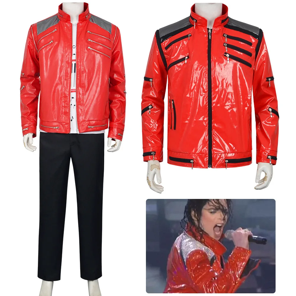Anime Michael Jackson Rote Jacke Cosplay Kostüm Herren Klassisches Beat It Bühnenoutfit Schulter-Mesh Mehrere Reißverschluss-Details
