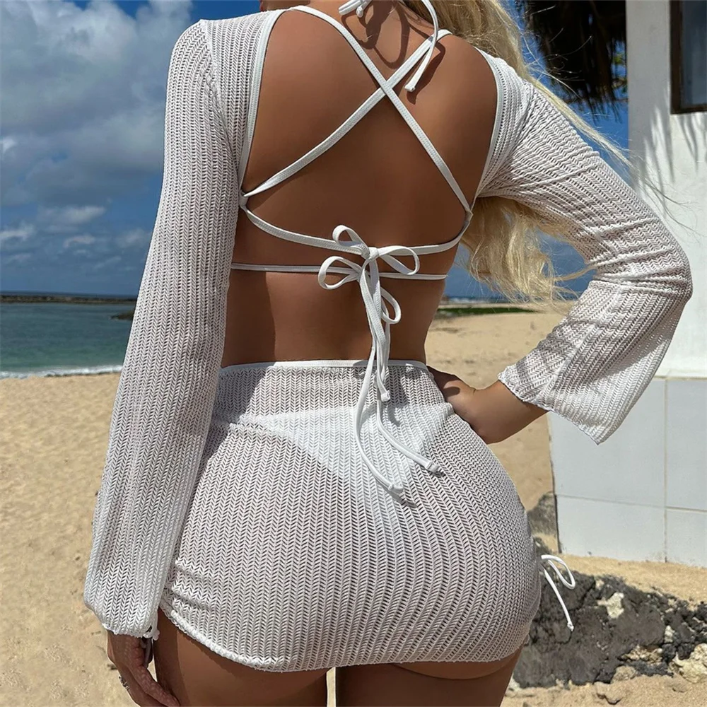 

Sexy Hollow Out Bikini Backless Bandage String Swimsuit Beach See Through Cover Up Dress Summer Outfit Women Swimwear Thong Suit
