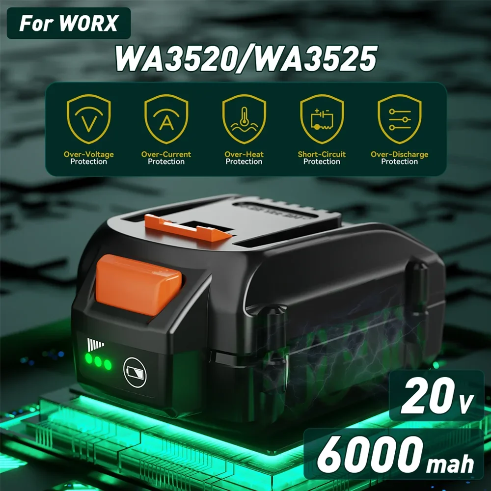 Для WORX WA3525 6000 мАч литий-ионный аккумулятор новый для WORX WA3520 20 В замена для WORX WA3511 WA3512 WA3522 WA3575 модель аккумулятора