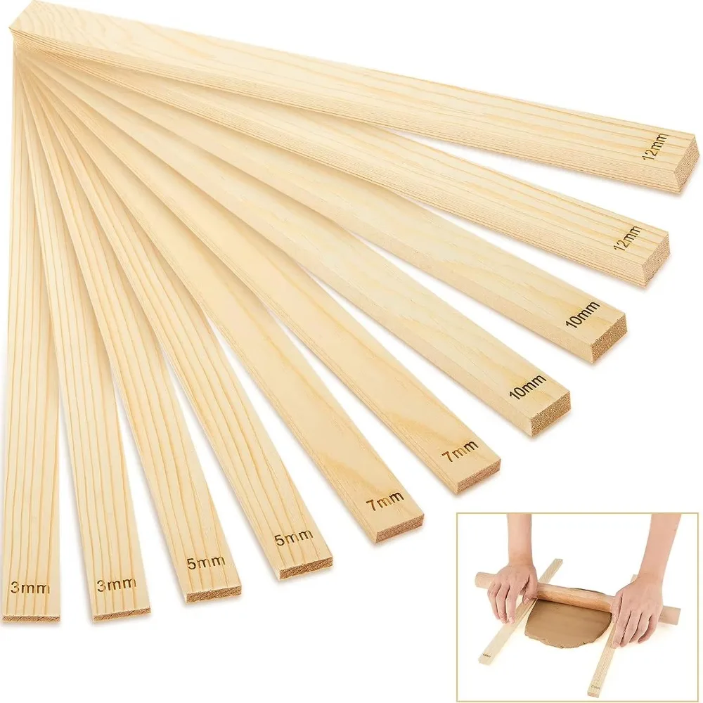 8pcs Wooden Slab Rolling Guides Set 3mm/5mm/7mm/10mm Thickness Strips Rolling Pin Guides Smooth Light Beige Clay Roller Rails
