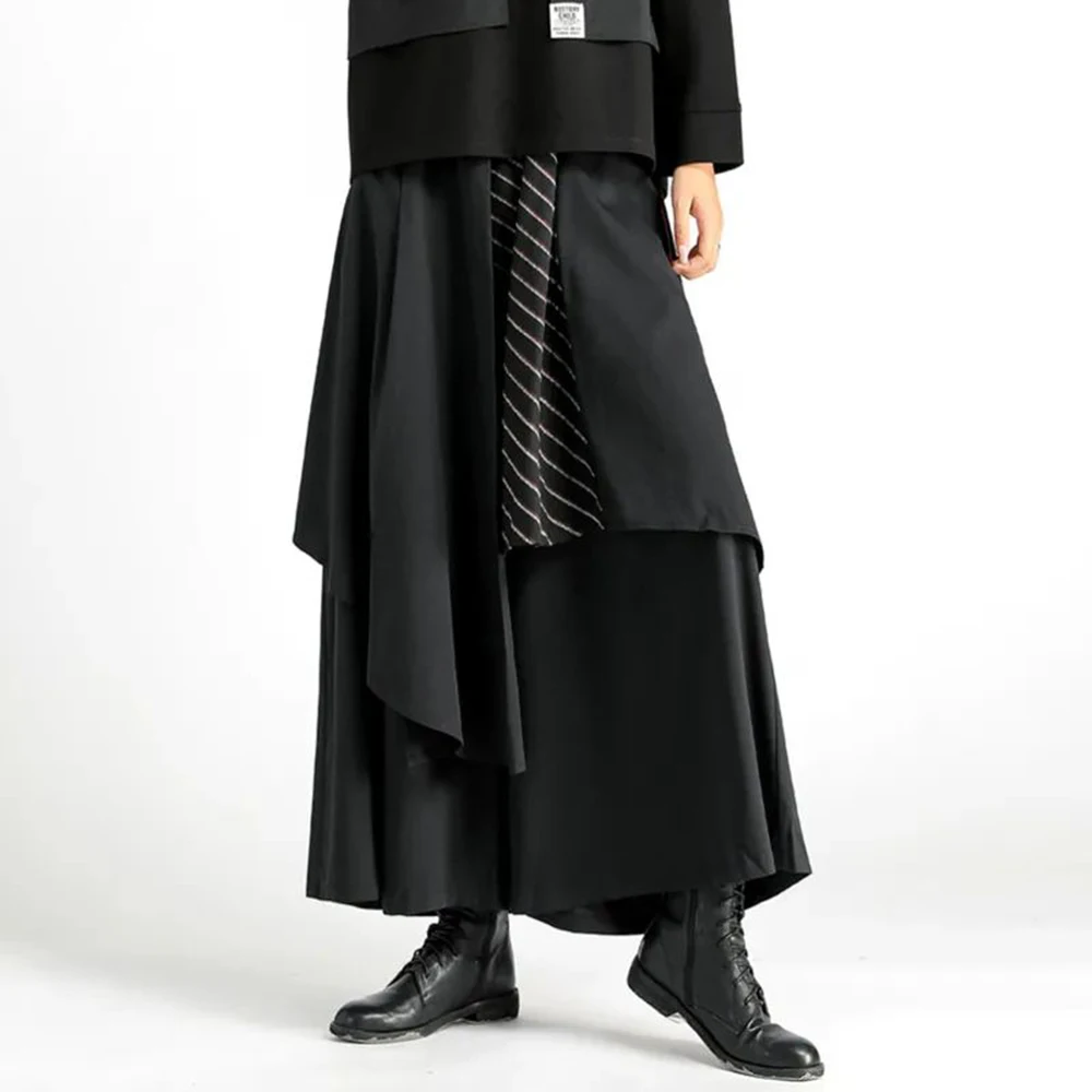 Mens Dark Style Double Layer Irregular Skirts 2024 New Genderless Casual Fashion Youth Loose Solid Color Wide Leg Pants Unisex