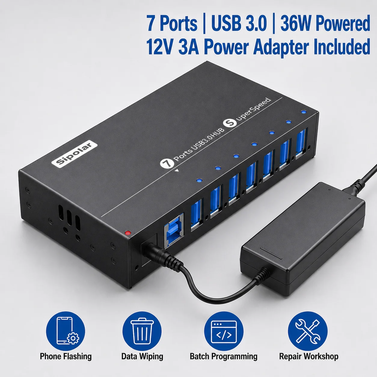 Good Sipolar A-173 7 Port USB 3.0 Powered Hub 36W for Phone Flashing, Data Wiping & Batch Programming
