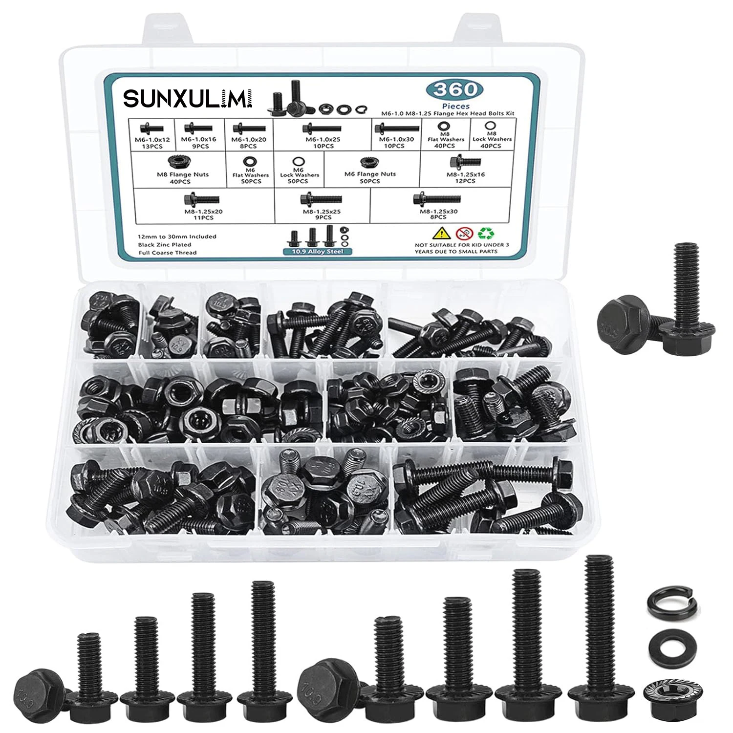 360 pieces of M6M8 hex head bolts, nuts and washers kit, 10.9 grade alloy steel, black zinc plated