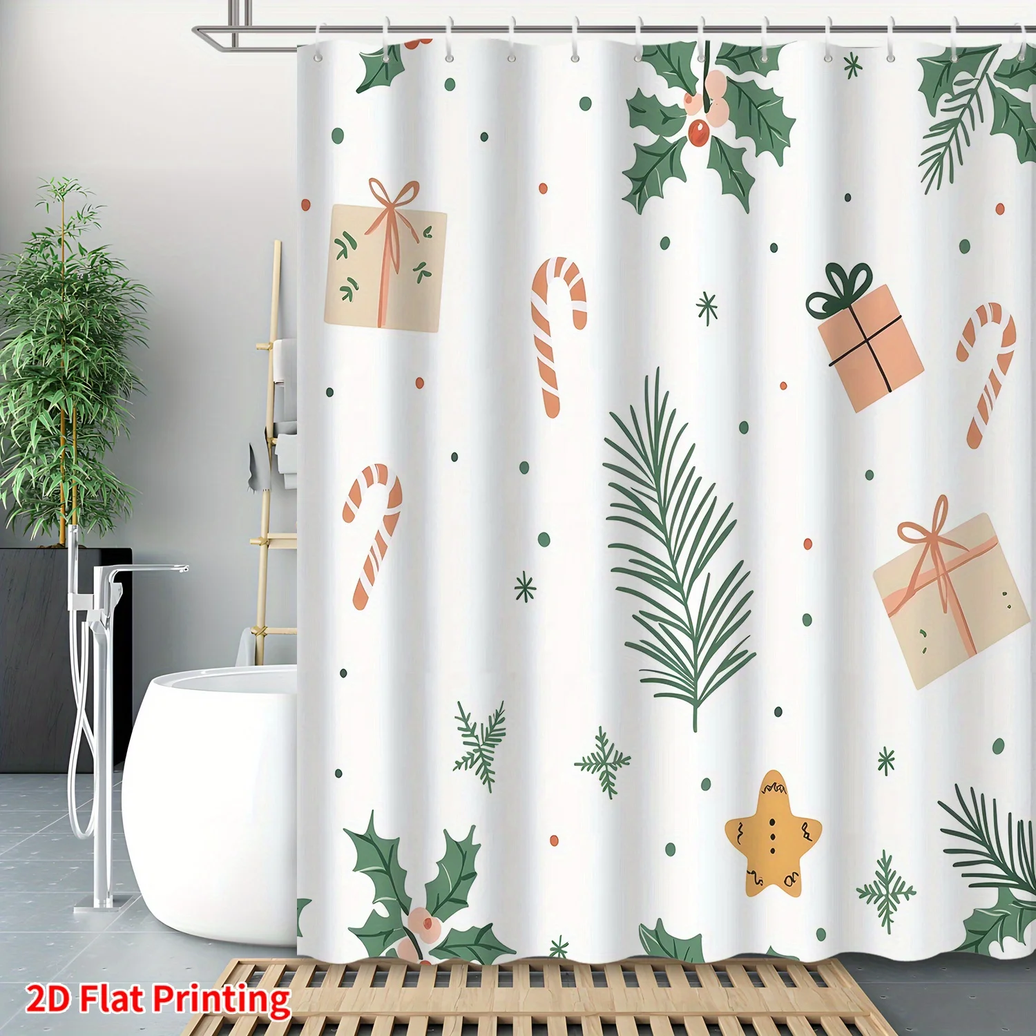 

Festive Christmas Shower Curtain Holiday Decoration Candy Cane Gift Presents Xmas Shower Liner Bathroom Decor Novelty