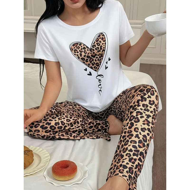 This year's new women's leopard print heart design love Printed round-neck short-sleeve top and leopard print long pants pajama