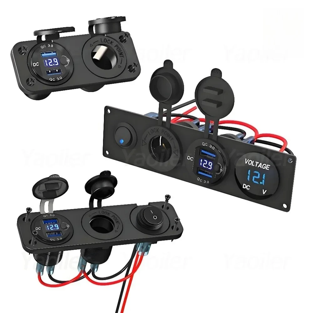 

12V RV USB Outlet Panel Dual QC3.0 Cigarette Lighter Socket Splitter with Rocker Toggle & LED Voltmeter for Car Marine Golf Cart