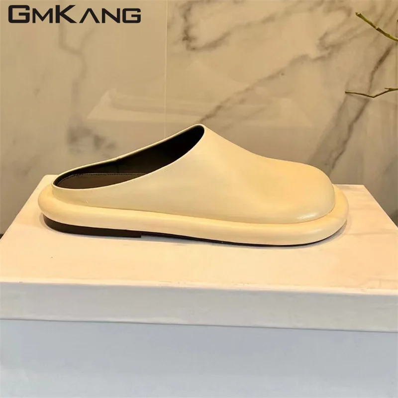 Genuine Leather Slipper Women Round Toe Black White Mules Shoes Lady Fashion Comfort Autumn Slides Woman Runway Slippers Woman