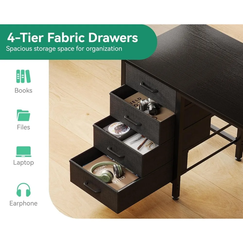 4つのファブリック引き出し、収納、サイドフック付きの32インチコンパクトコンピューターデスク、モダンスタイルのホームオフィスデスク