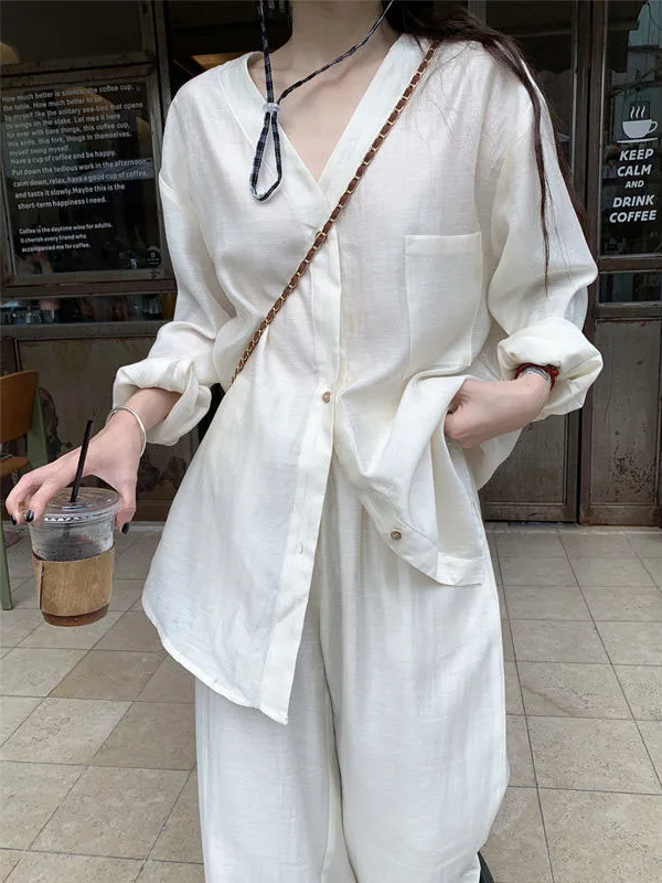 

Fashionable V-Neck Long Sleeve Shirt Top Women's Autumn 2025 Casual Pants Long Two-Piece Set Commute Style Adult Wear