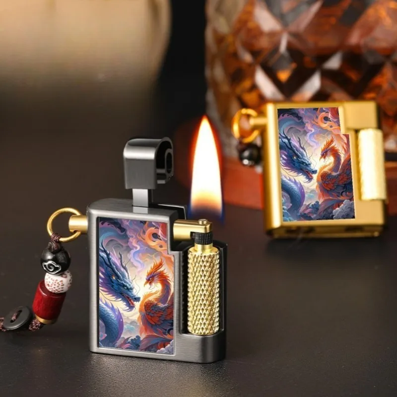 Creative Small Square Brick Lifting Arm Oil Lighter, Retro Grinding Wheel Side Pulley, High-end Birthday Gift Trend