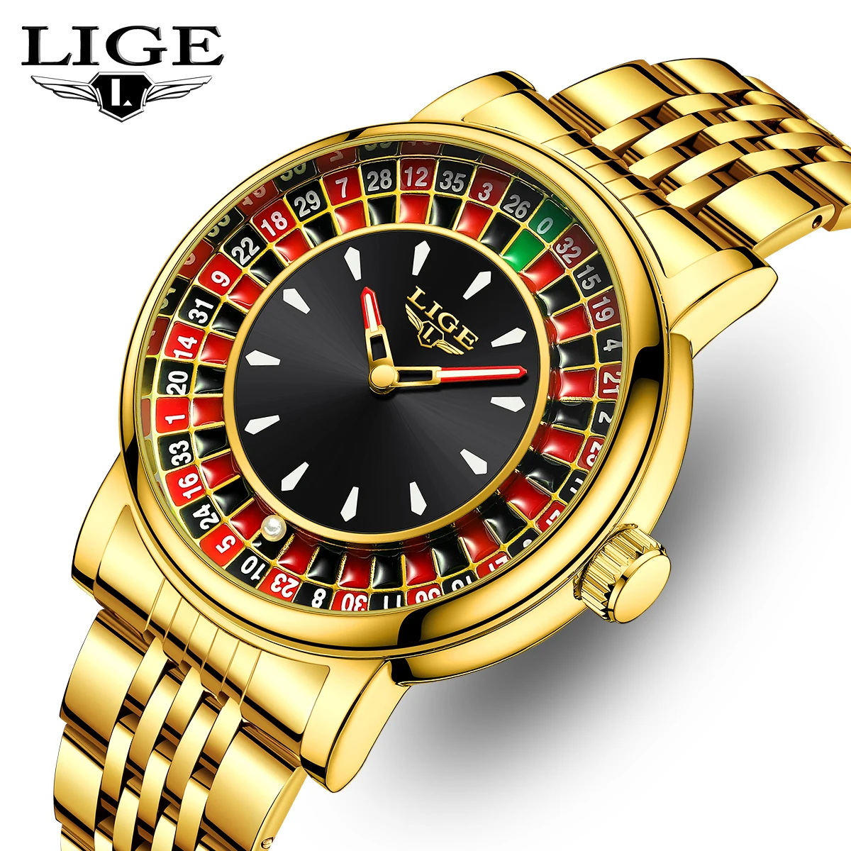 

LIGE креативные золотые мужские часы с рулеткой, игровой циферблат, модные мужские часы, водонепроницаемые светящиеся кварцевые наручные часы, катящийся шар + коробка