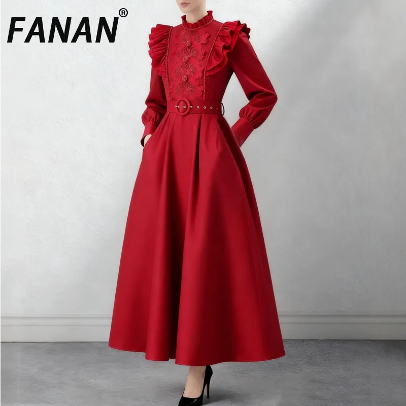 

Элегантное длинное платье FANAN с рюшами для женщин, с воротником-стойкой, поясом и присборенной талией, офисное, для деловых женщин, весна 2026, новинка