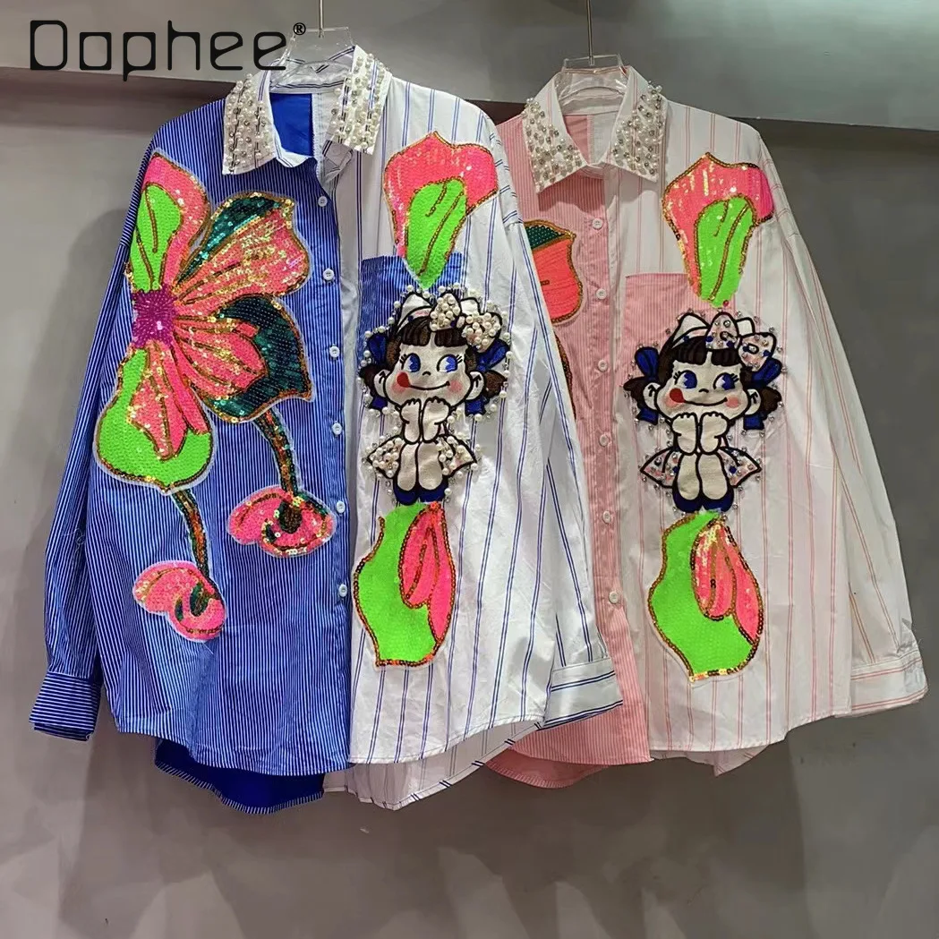 

Heavy Industry Beaded Sequined Shirt Spring Autumn Flower Sequined Loose Casual Shirt Female Cartoon Color Matching Shirt Tops