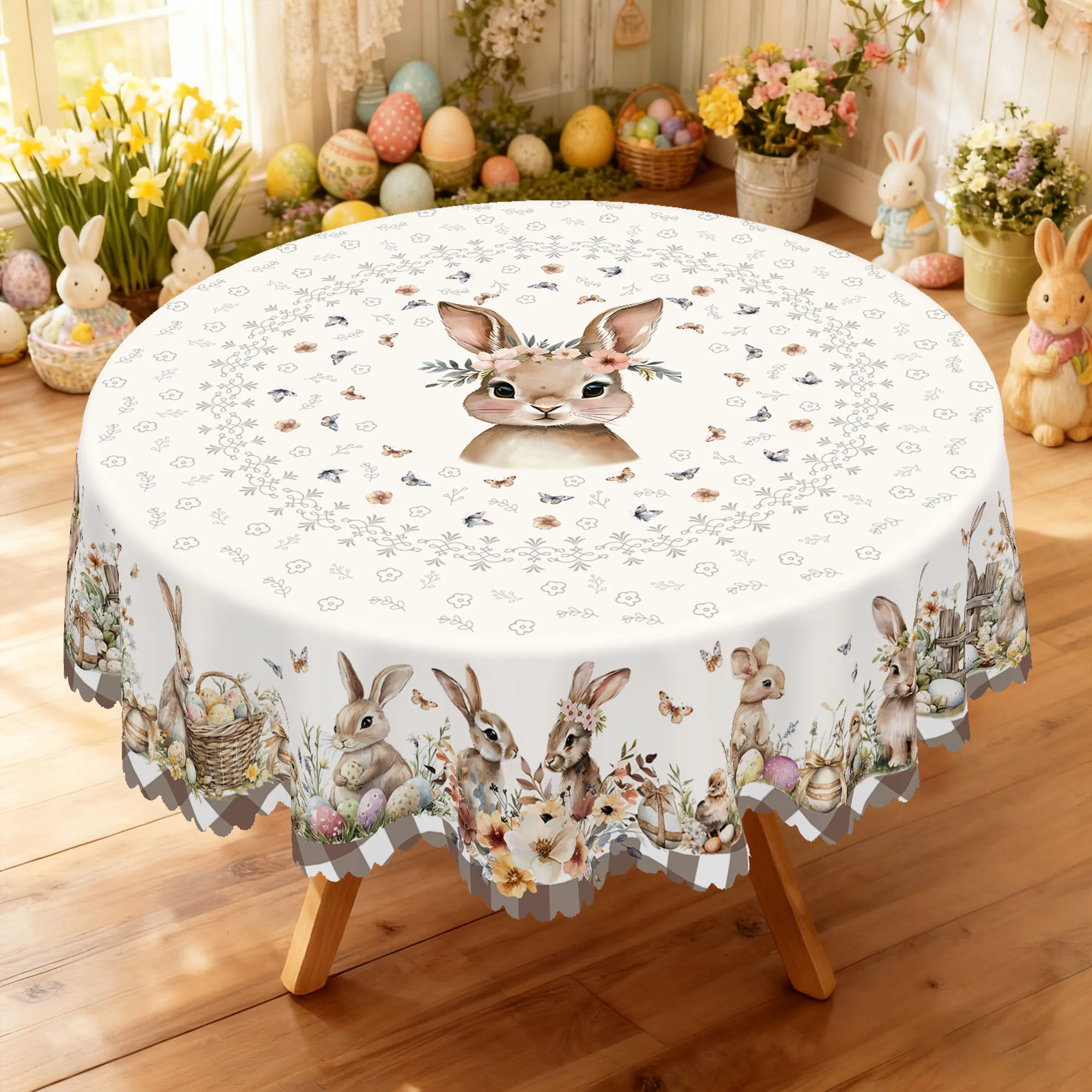 1 Piece of Spring-Themed Cute Rabbit Print Round Tablecloth, Available in Various Sizes, Soft and Adorable Bunny Designs Interwoven with Light Gray Floral Patterns and Butterfly Motifs, with Cute Rabbits Holding Flowers and Baskets at the Edges, Paired with Spring Flower Clusters and Easter Egg Print Round Tablecloth, Edge Embossing Technique, Easter Decoration, Suitable for Easter Family Gatherings, Spring Terrace Parties, Easter Season Decoration, Spring Party Decoration Gifts