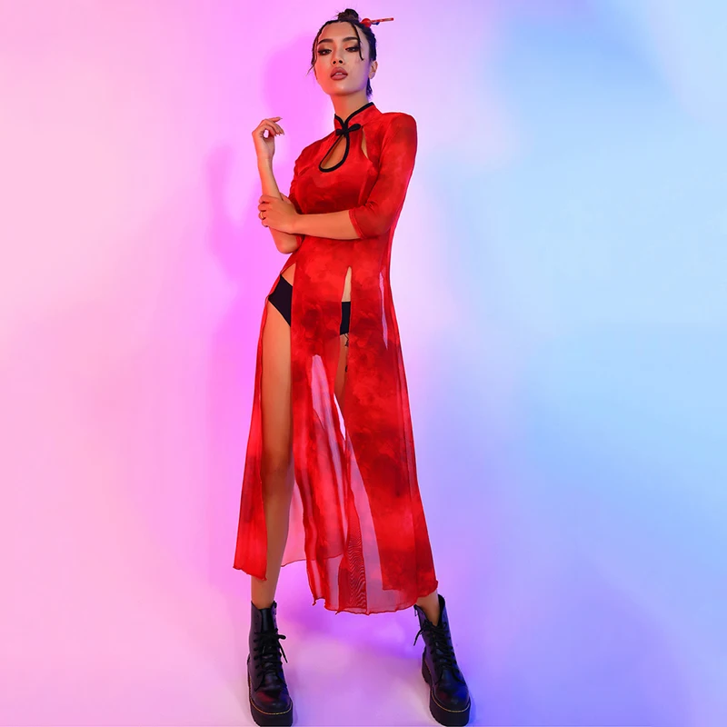 

Женская Одежда для танцев на шесте, красное платье, сексуальное женское платье для ночного клуба, костюм для современных танцев, одежда для Dj Gogo Rave BL7920