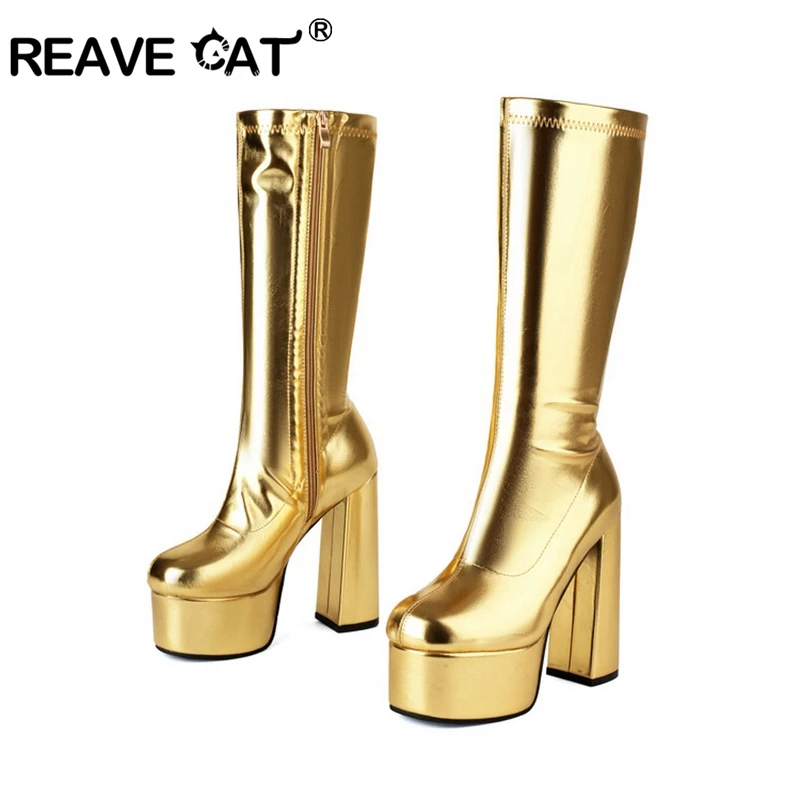 

REAVE CAT, искусственная кожа 14 см, квадратный каблук 5 см, искусственная кожа с круглым носком, большой размер 43, 44, 45, 46, 47, 48, US16, US17